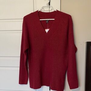 Hilary Radley Deep Red V-Neck ribbed Sweater with side slits & red shimmer.